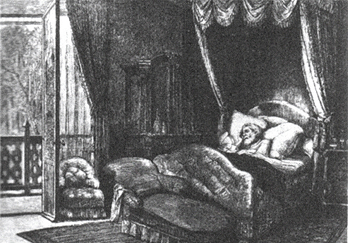 Гравюра Ю.С. Барановского по рисунку К. Шамеро. И.С. Тургенев во время болезни. 1883.